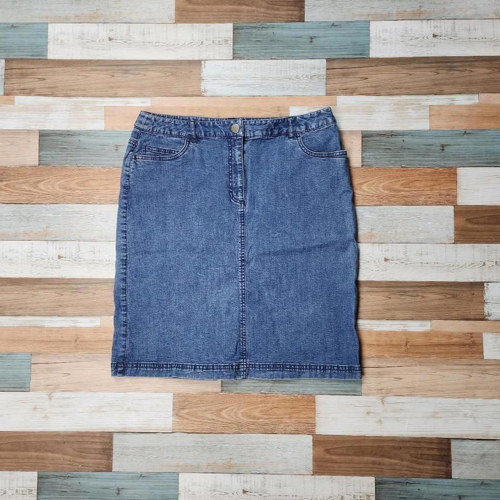 Petite Sophisticate Stretch Denim‎ Skirt Medium Wash Blue Pencil Knee Length 10P